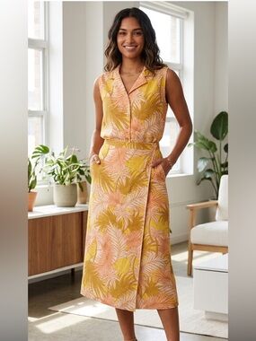 NWOT Tahari 2 Piece Tropical SET Linen Wrap Maxi Skirt Sleeveless Button Down XL